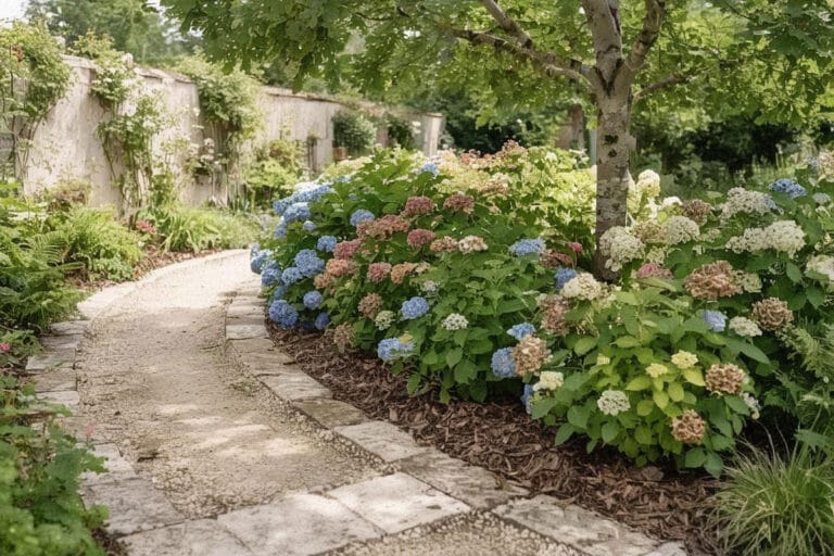 Massif d’hortensias fleuris et paillés dans un jardin à mi-ombre