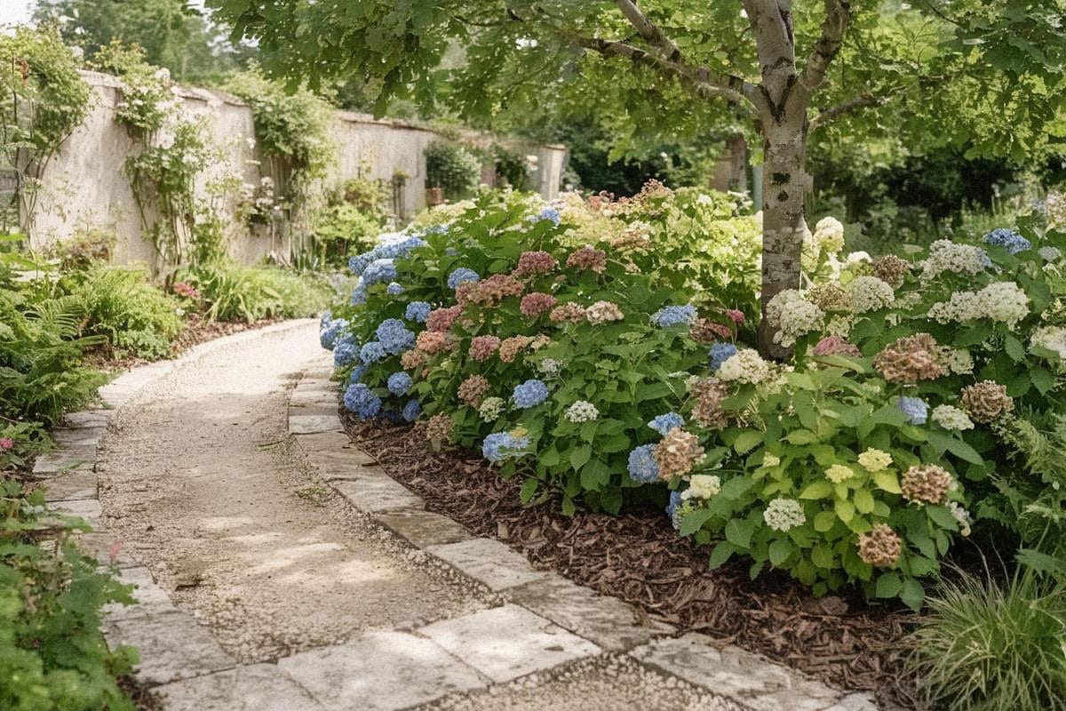 Massif d’hortensias fleuris et paillés dans un jardin à mi-ombre