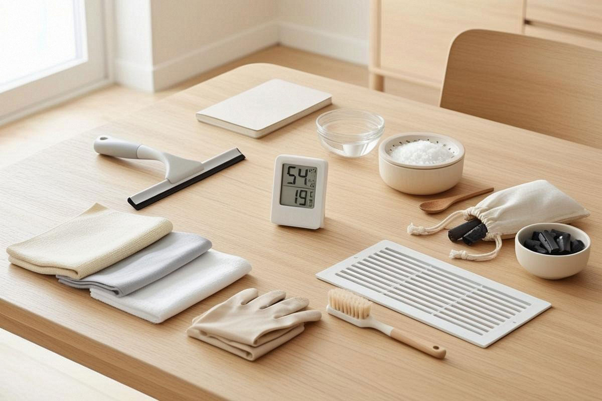 hygromètre, raclette à vitres, chiffons secs, sel absorbant et grille d’aération propre organisés sur une table