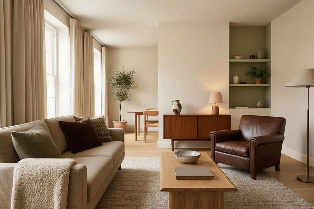 intérieur final équilibré réunissant subtilement plusieurs tendances 2026 : brun chocolat, vert olive, bois naturel, meuble vintage, textiles texturés et objets artisanaux sans surcharge
