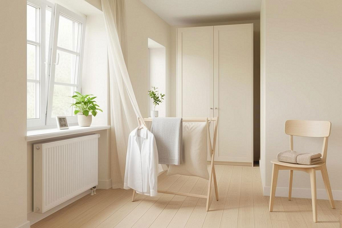 intérieur lumineux avec fenêtre ouverte, hygromètre, linge parfaitement sec, plantes modérées et absence de condensation sur les vitres