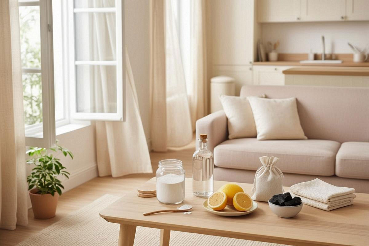 intérieur lumineux et propre avec fenêtre ouverte, bicarbonate, citron, vinaigre blanc, charbon actif et linge frais disposés sur une table en bois clair