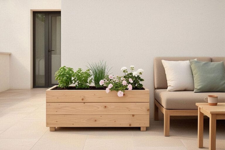 Jardinière en bois remplie de fleurs et aromatiques sur une terrasse aménagée