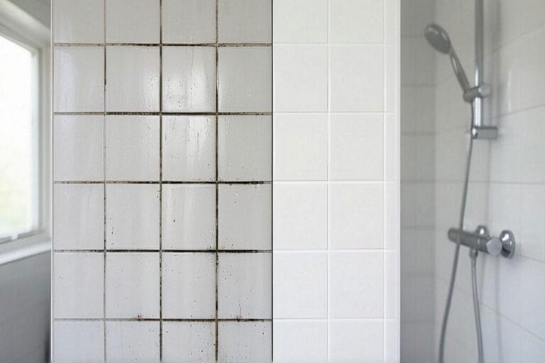 Angle de douche carrelé montrant des joints de carrelage noirs à gauche et des joints blancs à droite après traitement sans brosse