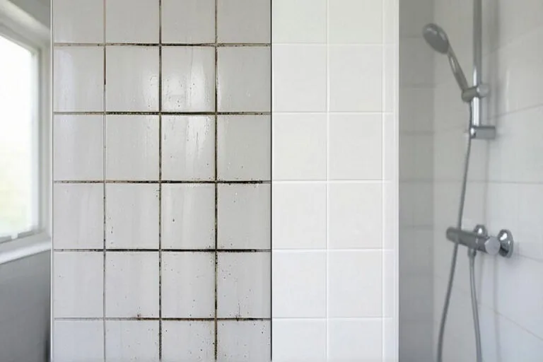 Angle de douche carrelé montrant des joints de carrelage noirs à gauche et des joints blancs à droite après traitement sans brosse