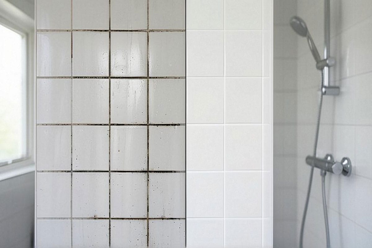 Angle de douche carrelé montrant des joints de carrelage noirs à gauche et des joints blancs à droite après traitement sans brosse