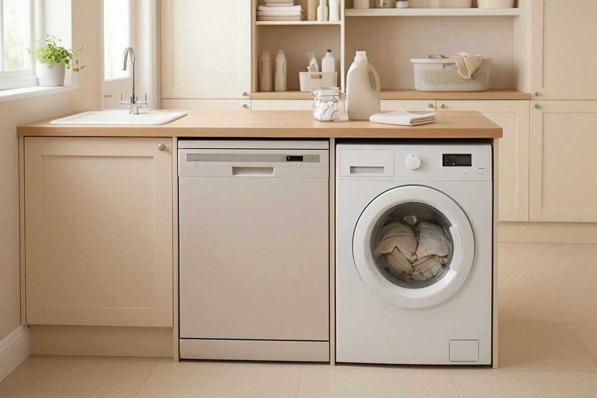 lave-vaisselle et lave-linge modernes réglés sur leurs programmes automatiques ou économiques, dans une buanderie propre et lumineuse