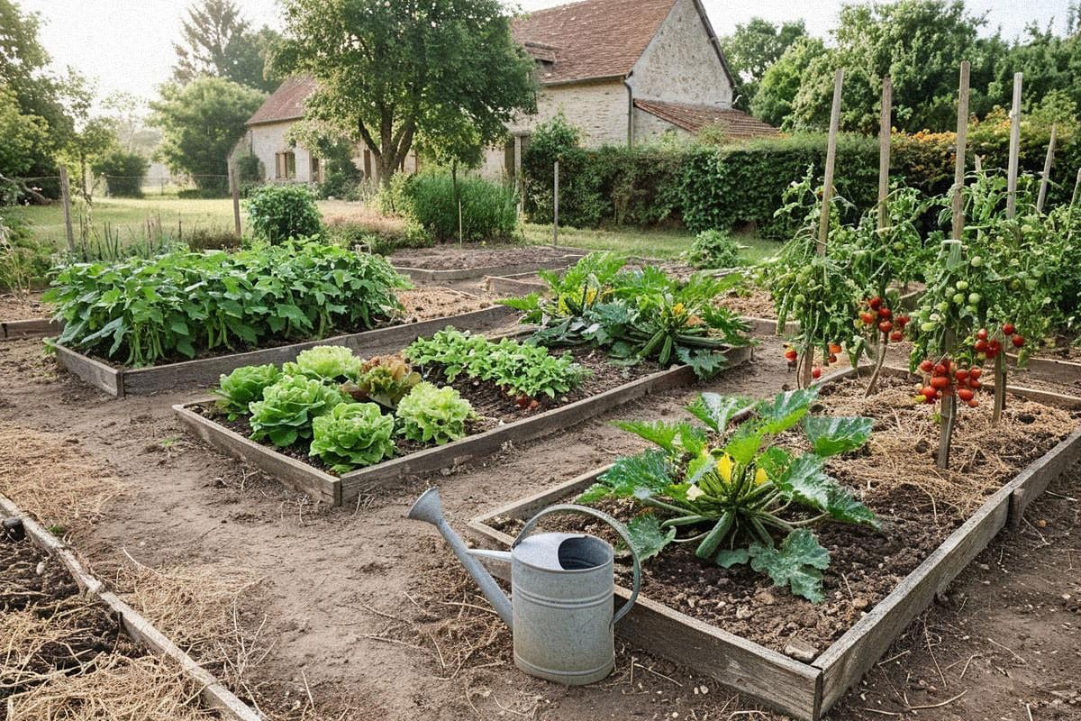 Potager de débutant avec légumes faciles à cultiver en rangs bien organisés