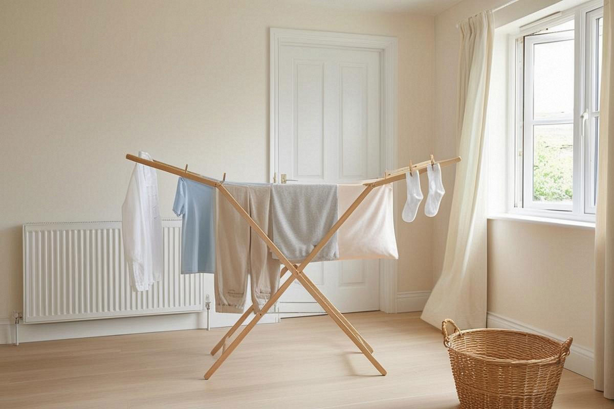 linge espacé sur un étendoir dans une pièce lumineuse et ventilée, fenêtre entrouverte et aucun vêtement posé contre le mur