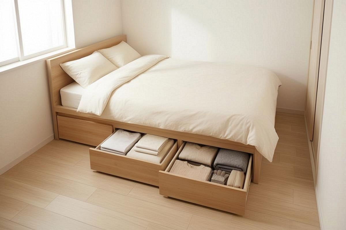 lit double dans une petite chambre avec grands tiroirs intégrés ouverts, montrant linge de lit, couvertures et vêtements saisonniers rangés séparément