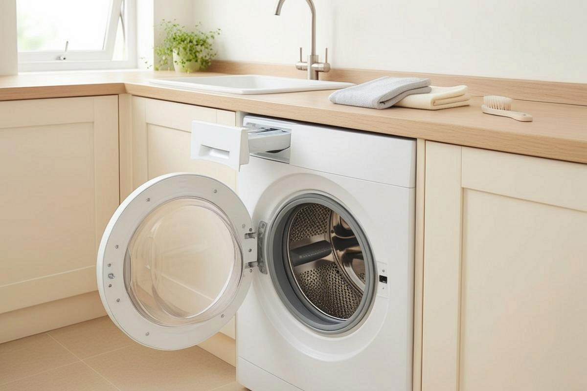 machine à laver parfaitement propre et sèche, hublot entrouvert, joint sans résidus, bac légèrement ouvert et microfibres rangées à proximité