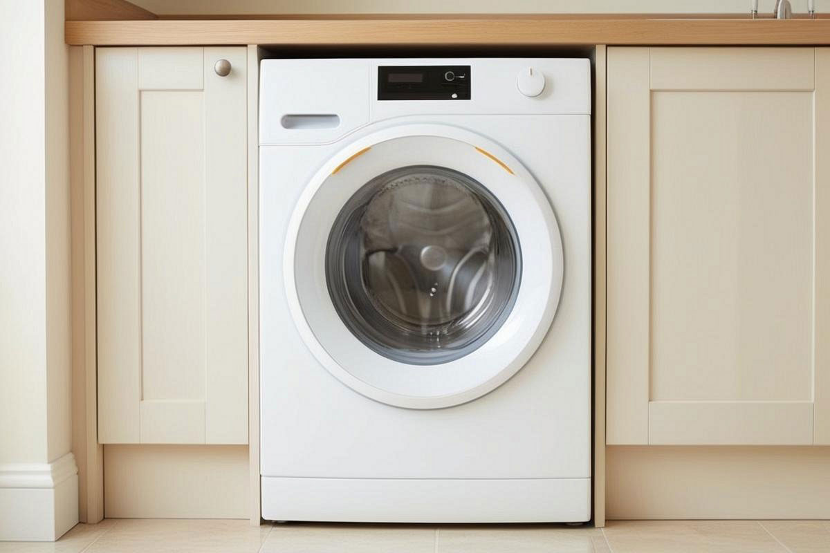 machine à laver vide pendant un programme d’entretien chaud, avec tambour propre, légère condensation sur le hublot et aucun linge à l’intérieur