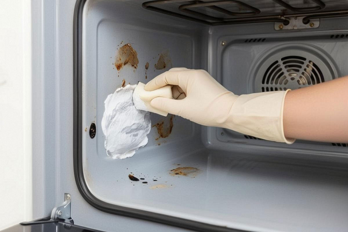 main gantée appliquant une pâte épaisse au bicarbonate sur les taches brunes d’une paroi émaillée, en laissant les résistances, le ventilateur et les joints parfaitement dégagés