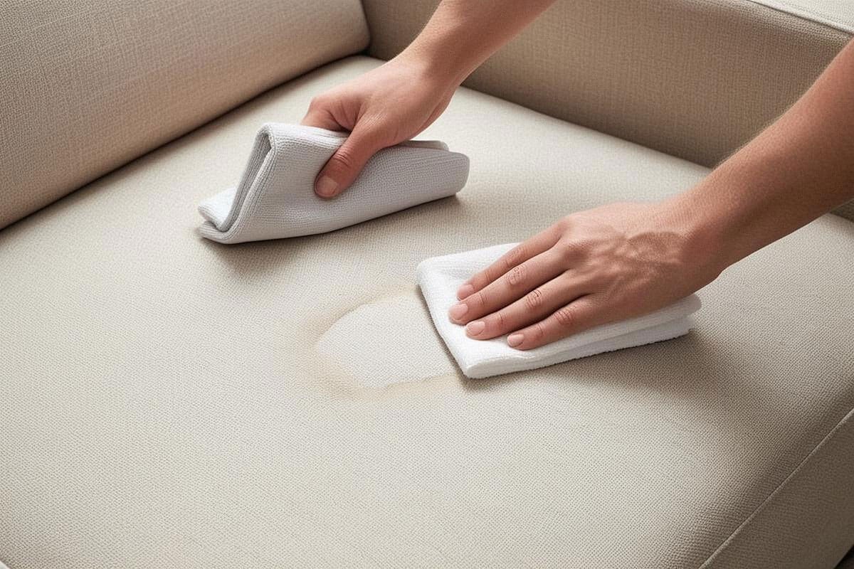 main passant une microfibre blanche très légèrement humide sur une petite section de canapé, avec un second chiffon sec prêt à absorber l’excès d’humidité