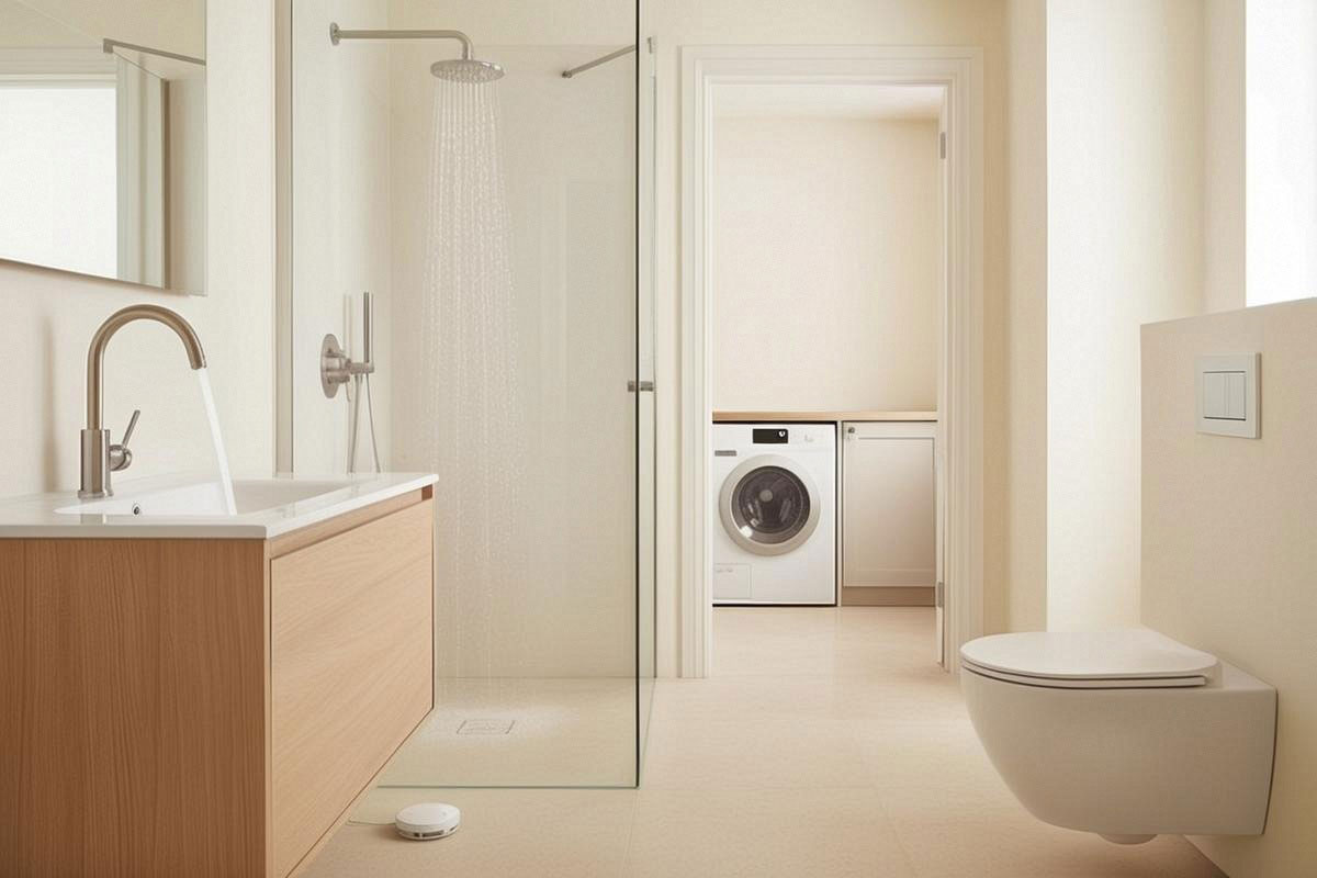 maison moderne montrant plusieurs équipements économes en eau : mousseur sur un robinet, pommeau de douche économe, chasse d’eau à double commande et lave-linge récent