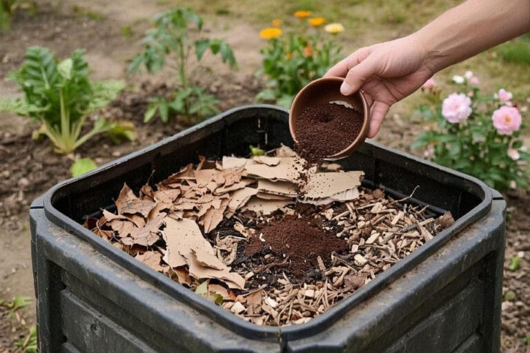 Marc de café ajouté au compost pour être utilisé ensuite au jardin