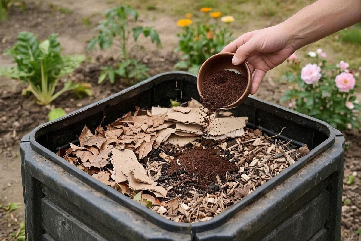 Marc de café ajouté au compost pour être utilisé ensuite au jardin