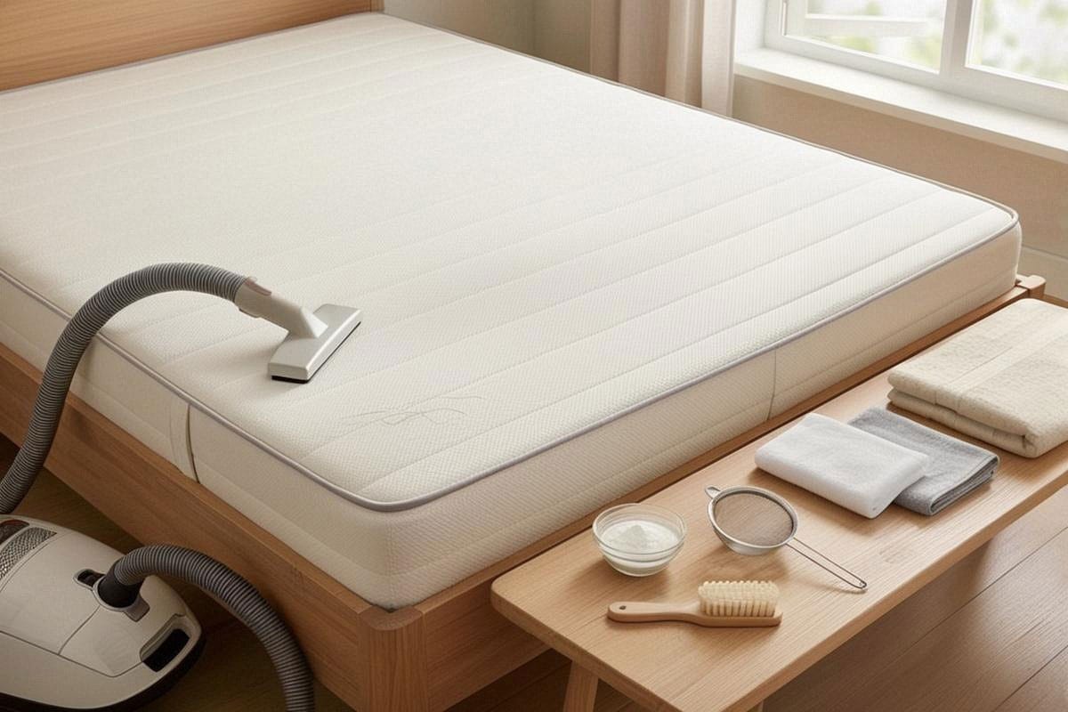 matelas blanc découvert dans une chambre lumineuse, avec aspirateur muni d’un embout textile, bicarbonate dans un petit récipient, deux microfibres claires, brosse souple et fenêtre ouverte