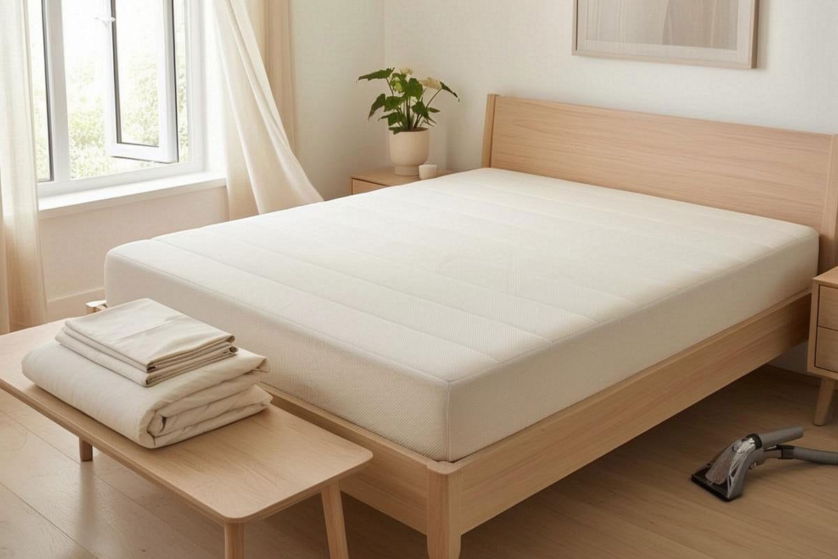 matelas parfaitement propre, sec et uniforme dans une chambre lumineuse, fenêtre ouverte, linge propre plié à proximité et aucune tache ni poudre visible