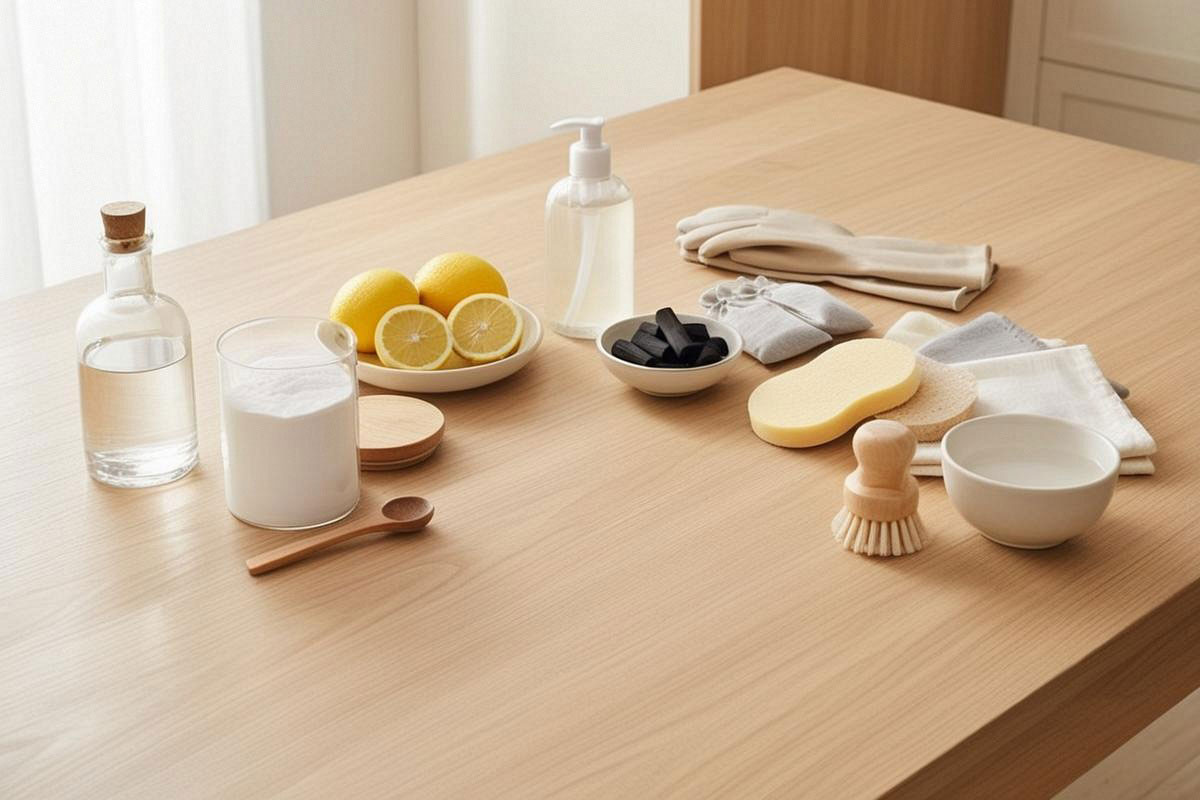 matériel naturel de désodorisation organisé sur une table : bicarbonate, vinaigre blanc, citron, savon doux, charbon actif, éponges et chiffons propres