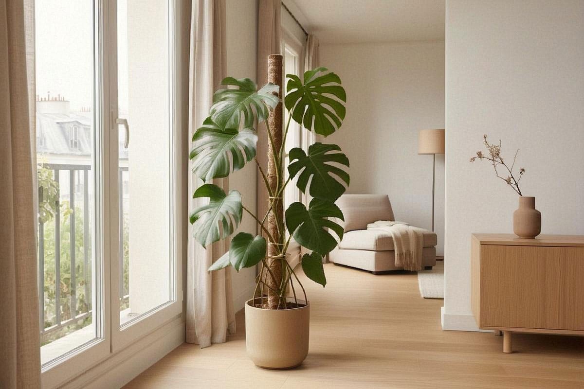 Grand Monstera aux feuilles découpées cultivé près d’une fenêtre lumineuse