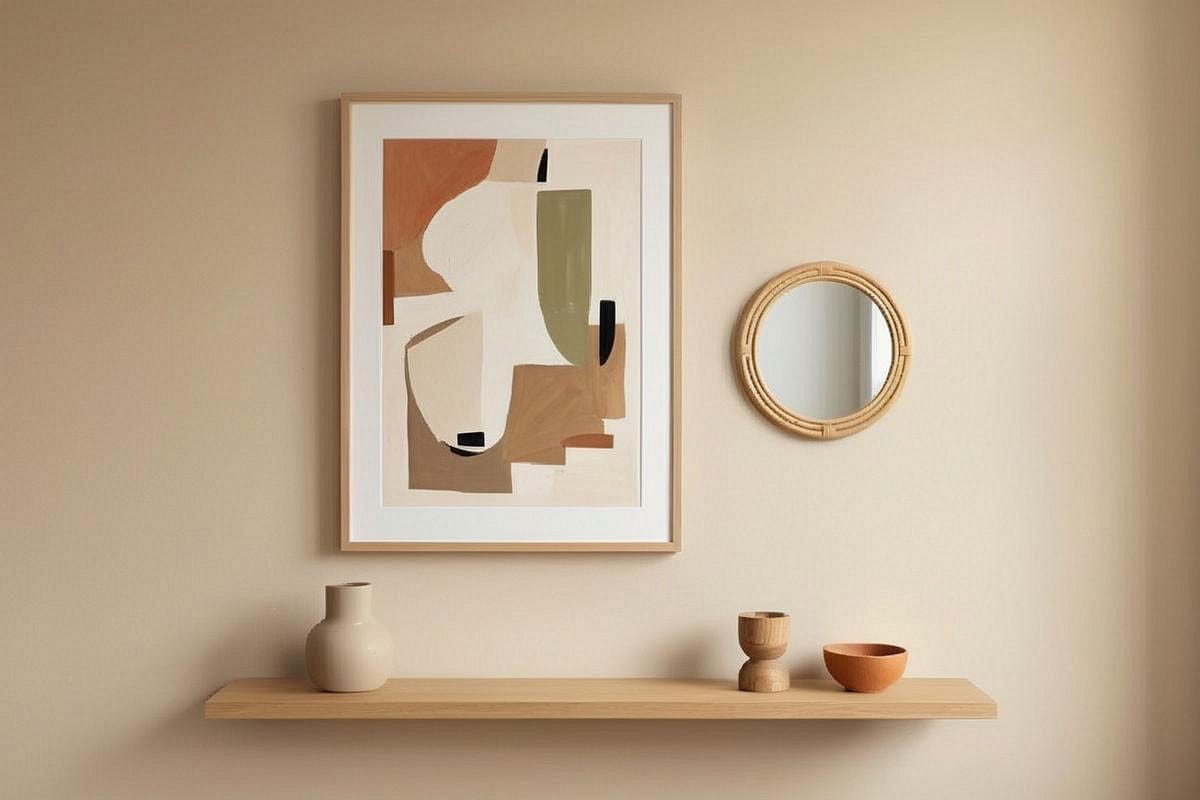 mur beige chaud avec grande œuvre abstraite centrale, petit miroir en rotin et une étagère fine présentant trois objets artisanaux, avec beaucoup d’espace vide autour