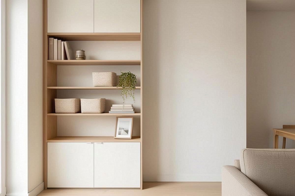 mur d’un petit appartement équipé d’étagères verticales jusqu’au plafond, avec livres, paniers fermés et quelques objets décoratifs, tandis que le sol reste entièrement dégagé