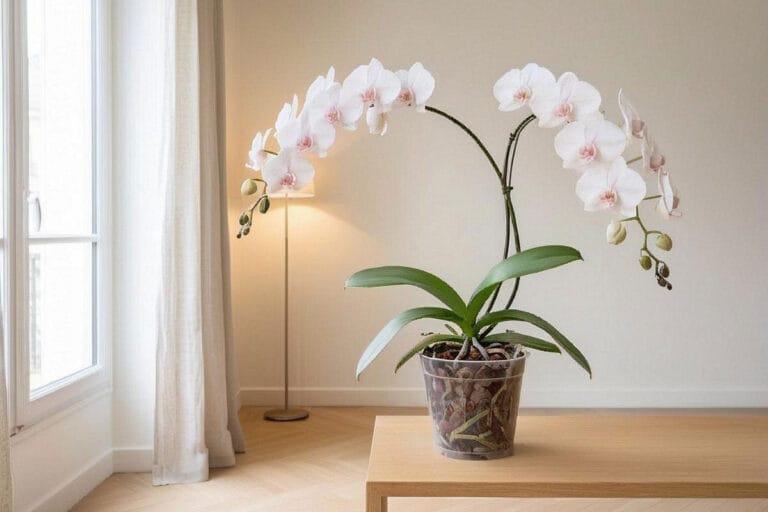 Orchidée Phalaenopsis refleurie avec deux hampes florales près d’une fenêtre lumineuse