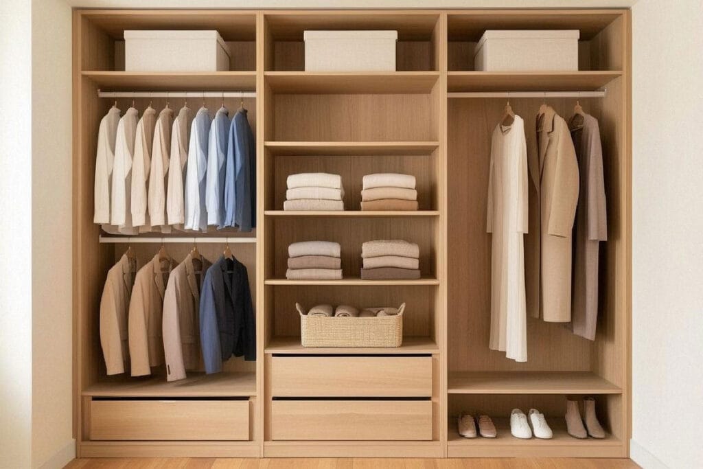 Dressing organisé avec penderies, étagères et paniers pour optimiser le rangement des vêtements
