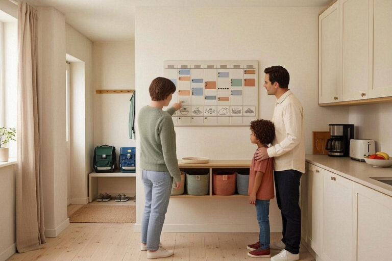 Vie de famille organisée autour d’un planning partagé dans une cuisine familiale