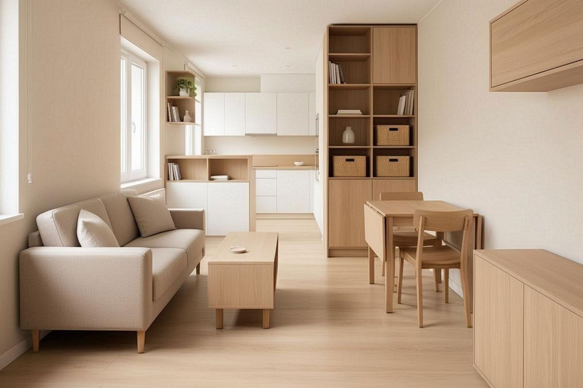 petit appartement lumineux et parfaitement organisé avec canapé compact, table extensible, rangements muraux, paniers discrets et circulation totalement dégagée