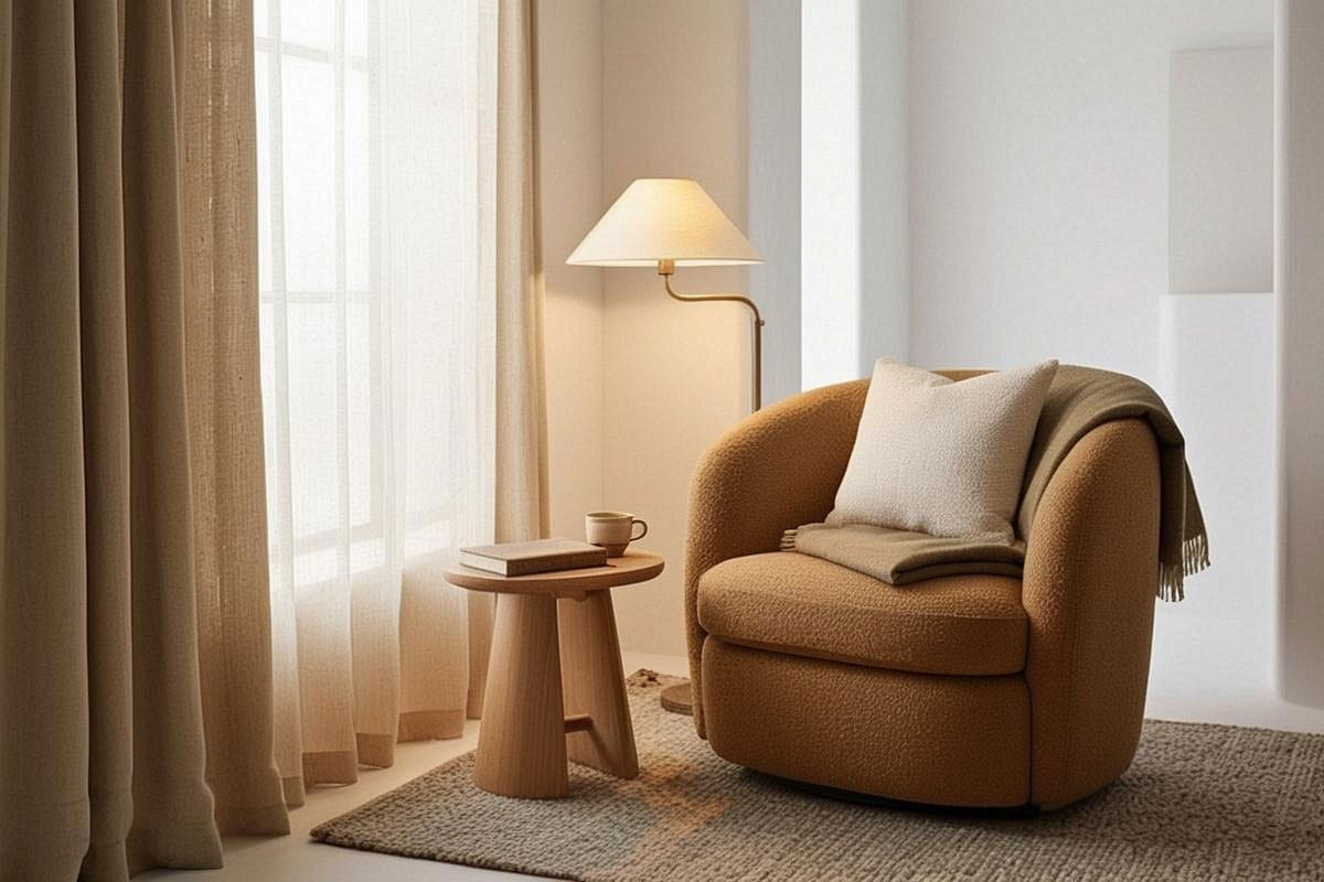 petit coin lecture chaleureux près d’une fenêtre avec fauteuil enveloppant, lampe basse, petite table en bois, tapis texturé et rideaux crème