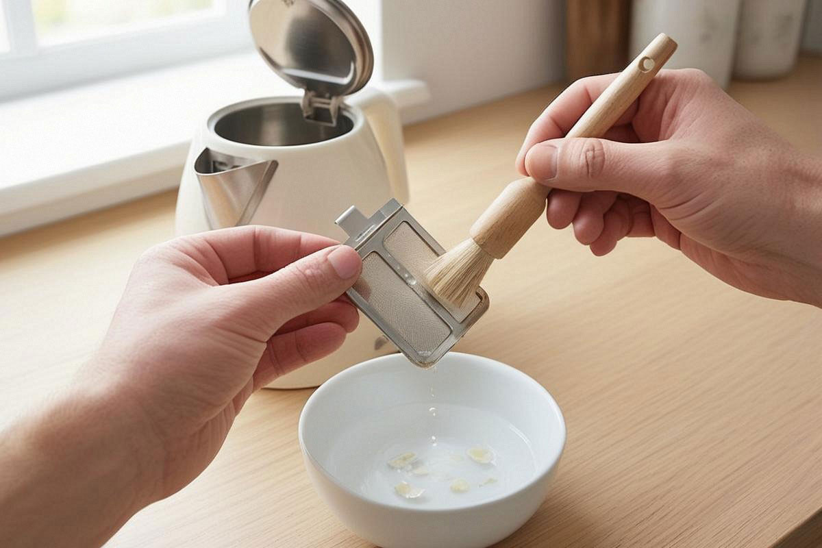 petit filtre de bouilloire retiré et nettoyé délicatement avec une brosse souple au-dessus d’un bol contenant de l’eau vinaigrée