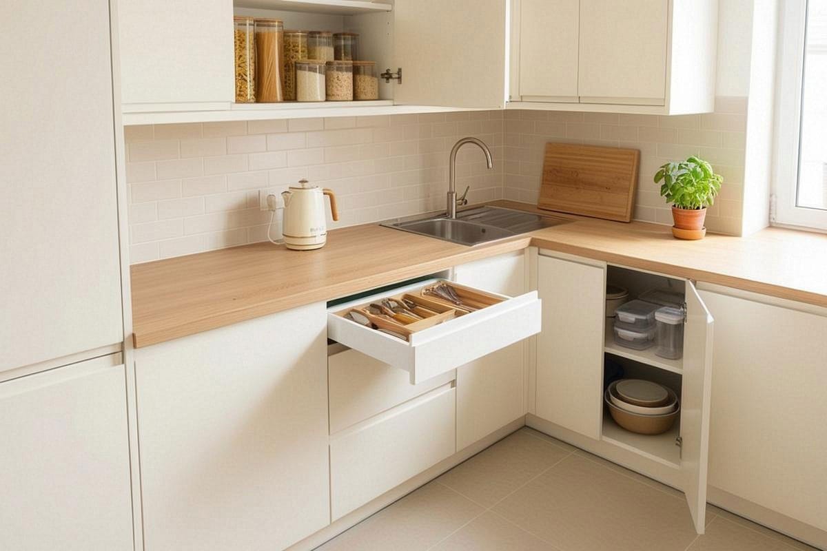 petite cuisine lumineuse parfaitement organisée, avec plan de travail presque vide, tiroirs structurés, placards ordonnés et rangements verticaux