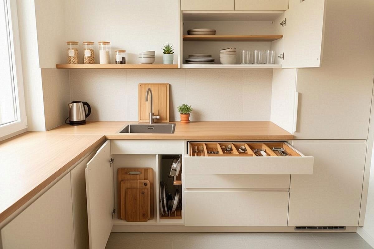 petite cuisine parfaitement rangée avec plan de travail presque vide, étagères murales discrètes, placards organisés verticalement et casseroles rangées sans encombrement visible