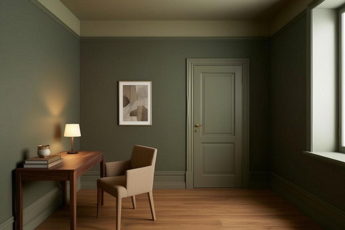 petite pièce élégante en color drenching vert olive profond, murs, porte et moulures dans la même gamme, avec parquet bois chaud et mobilier sobre