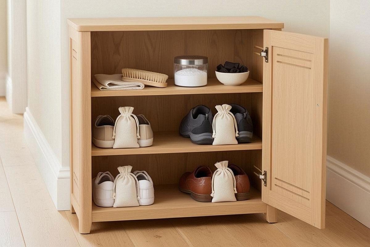 placard propre contenant des chaussures sèches, des sachets de charbon actif et un petit récipient de bicarbonate correctement fermé