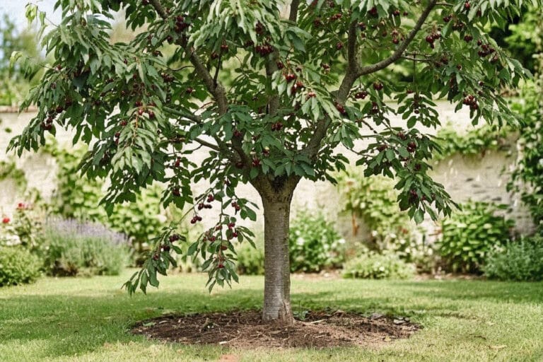 Cerisier adulte chargé de cerises rouges dans un jardin après une plantation et un entretien adaptés