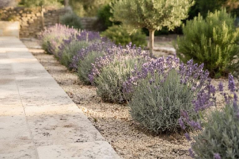 Bordure de lavande compacte et fleurie plantée dans un sol très drainant