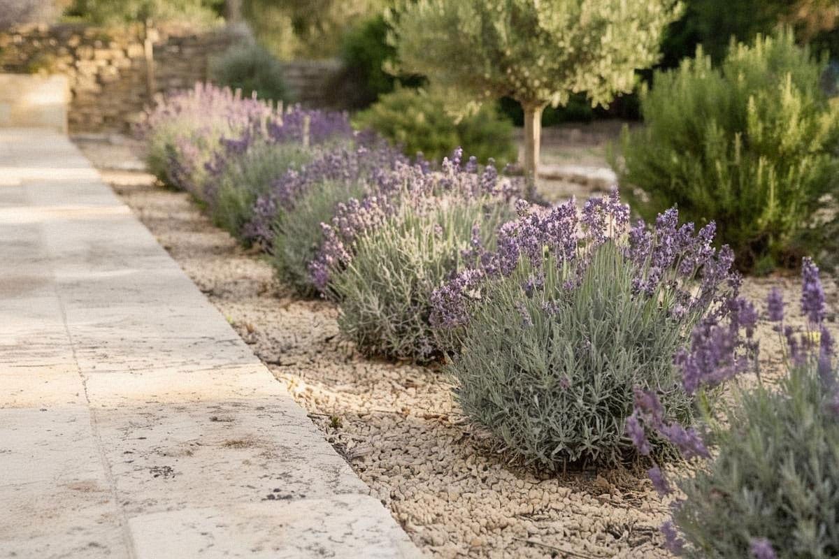 Bordure de lavande compacte et fleurie plantée dans un sol très drainant