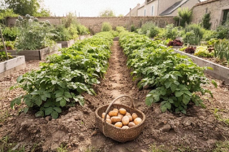 Rangs de pommes de terre cultivés sur des buttes dans un potager ensoleillé