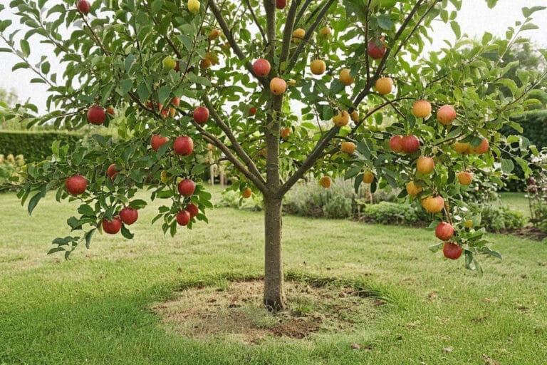 Pommier adulte chargé de fruits mûrs après une plantation et un entretien adaptés
