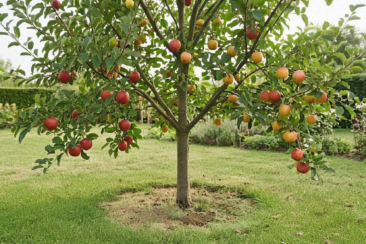 Pommier adulte chargé de fruits mûrs après une plantation et un entretien adaptés