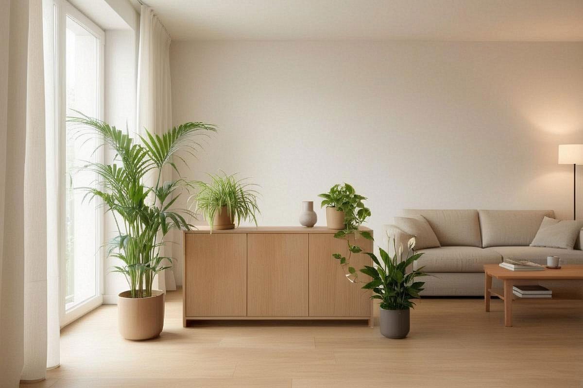 Salon lumineux avec plusieurs plantes dépolluantes d’intérieur près des fenêtres