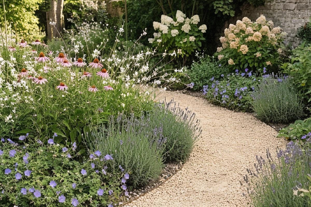 Jardin fleuri avec plusieurs plantes faciles d’entretien aux floraisons colorées et naturelles