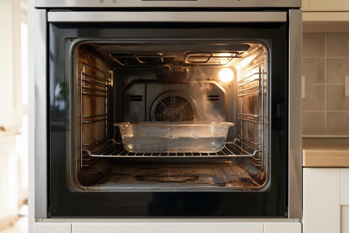 plat en verre rempli d’eau chaude légèrement savonneuse placé au centre d’un four fermé, avec vapeur douce sur les parois et aucune personne visible