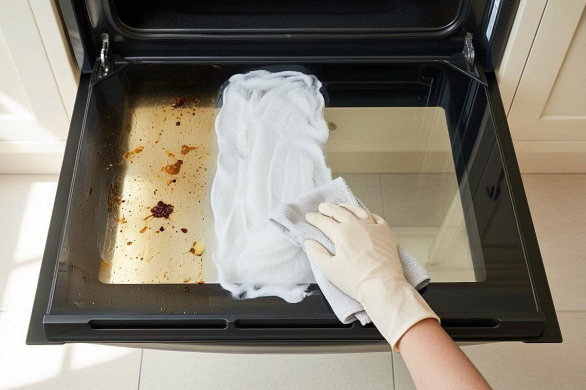 porte de four ouverte à plat, vitre intérieure recouverte partiellement d’une fine pâte blanche, avec une zone déjà essuyée et parfaitement transparente