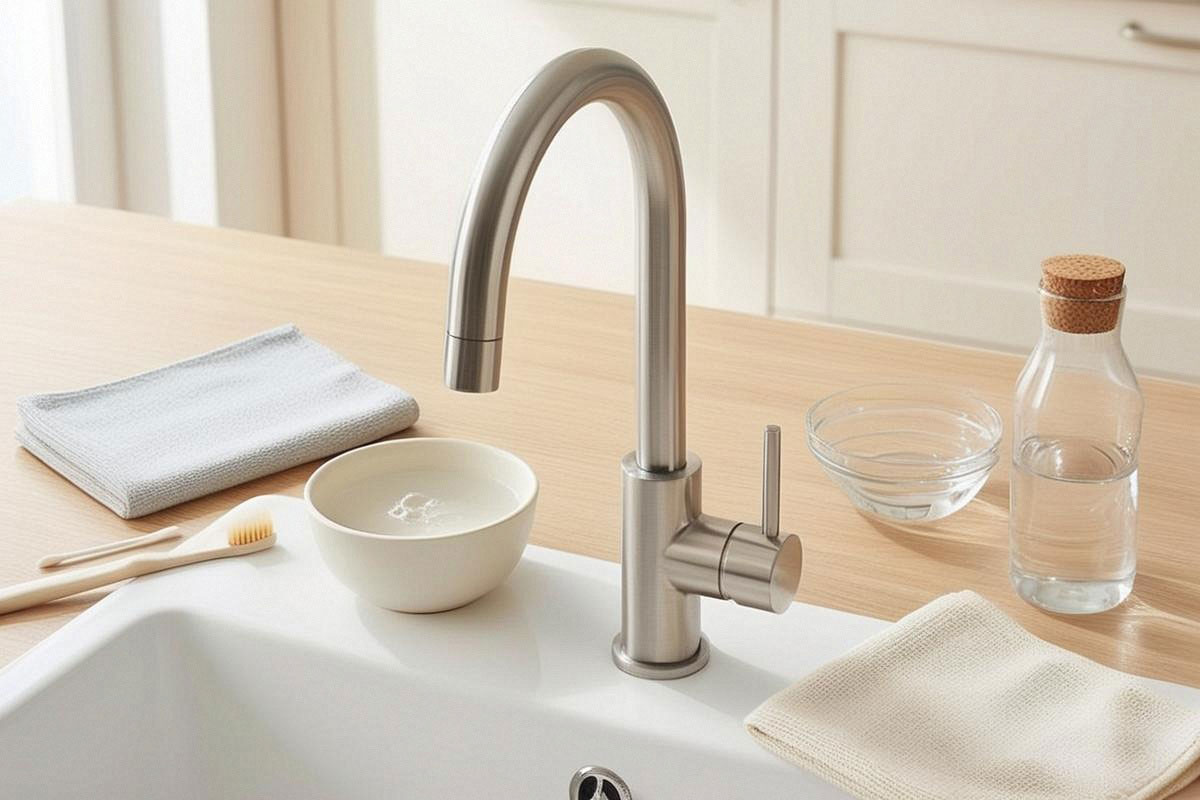 robinet en inox brillant au-dessus d’un évier propre, avec deux microfibres, un bol d’eau savonneuse, du vinaigre blanc dilué et une petite brosse souple