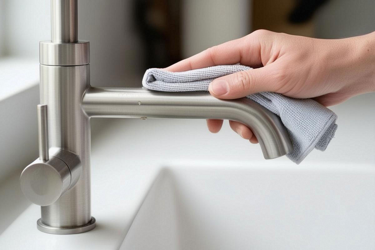 robinet en inox parfaitement sec et brillant, une main réalisant le lustrage final avec une microfibre propre et sèche