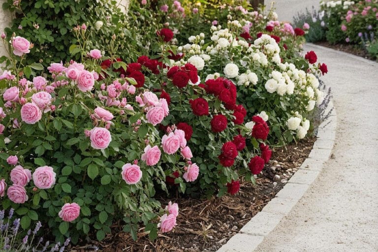 Rosiers en pleine floraison dans un massif paillé au feuillage dense et sain